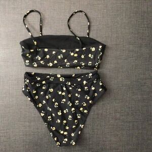Full Tilt Swim 2 Piece Bikini Set Top Bottom Size XS Black Flowers Pattern